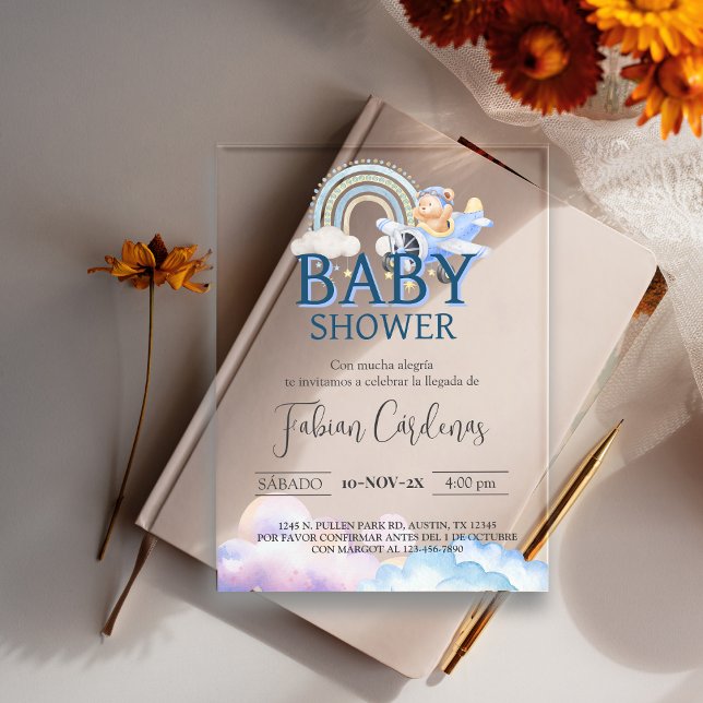 Invitaciones Acrílicas Azul del avión de un niño español Baby Shower Tedd (Spanish Girl Baby Shower Teddy Bear Airplane Pink Acrylic Invitations)