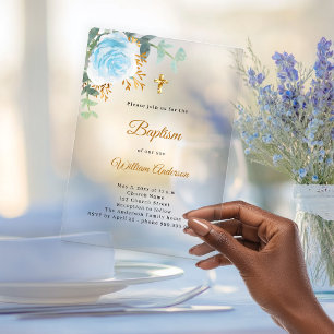 Invitaciones Acrílicas Azul floral bautizo niño cruz dorada lujo transpar