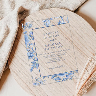 Invitaciones Acrílicas Azul Floral Blanco Toile De Jouy