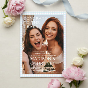 Invitaciones Acrílicas Azul Gingham Dos Graduados Foto Fiesta de Graduaci