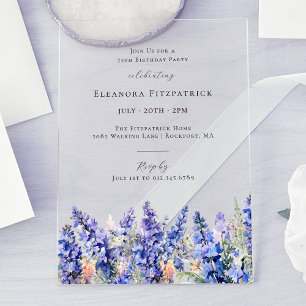 Invitaciones Acrílicas Azul Larkspur Cumpleaños 75 julio flor de nacimien