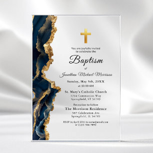Invitaciones Acrílicas Azul Marino Ágata Oro Bautizo Moderno Elegante