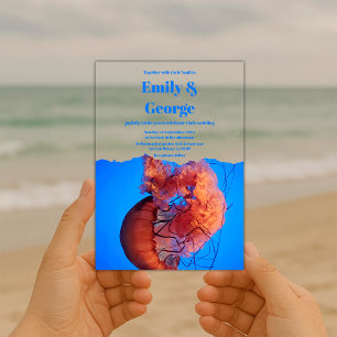 Invitaciones Acrílicas Azul marino bajo el Boda costero de las medusas ma