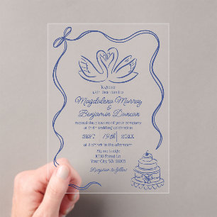 Invitaciones Acrílicas Azul Marino Cinta de Cisnes Dibujados a Mano Boda 