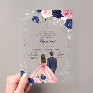 Invitaciones Acrílicas Azul Marino & Floral Gemelas Quinceañera Plata