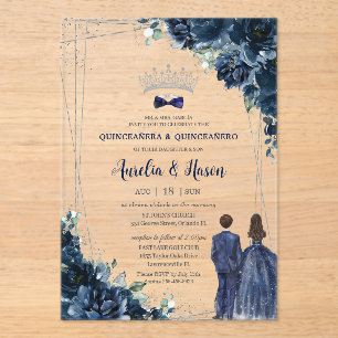 Invitaciones Acrílicas Azul Marino Floral Gemelos Niño Niña Quinceañera P