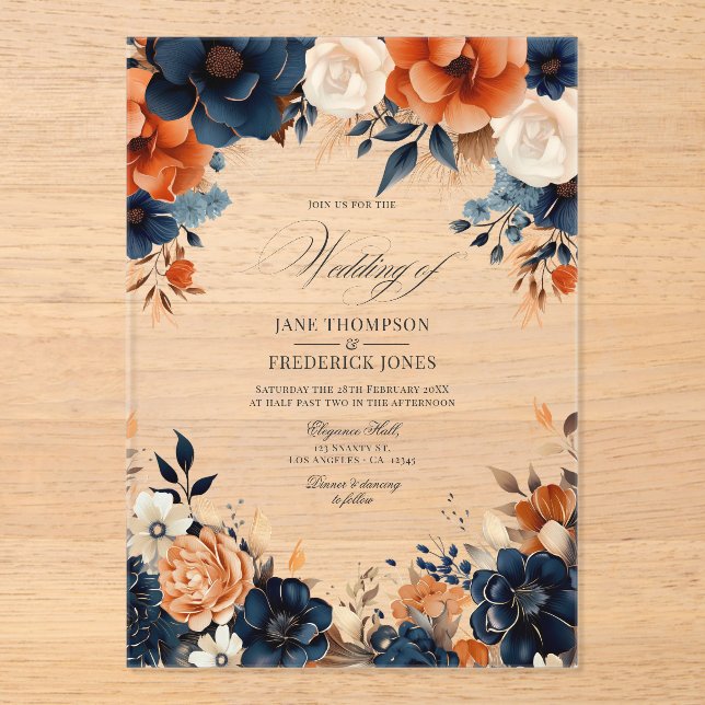 Invitaciones Acrílicas Azul marino, Naranja quemado y Boda floral de cham (Anverso)