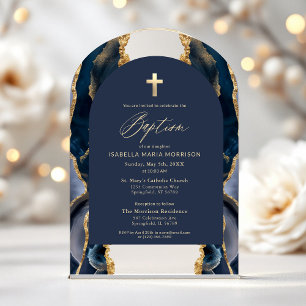 Invitaciones Acrílicas Azul Marino Oro Ágata Bautizo Moderno Elegante