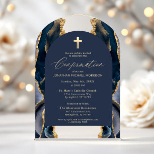 Invitaciones Acrílicas Azul Marino Oro Ágata Confirmación Moderno Elegant