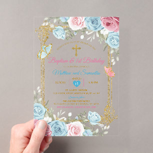 Invitaciones Acrílicas Azul Pastel Rosa Cumpleaños Bautizo & 1er Cumpleañ