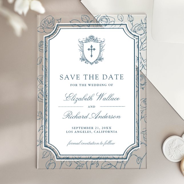 Invitaciones Acrílicas Azul Polvoriento Catolico Boda Save the Date (Subido por el creador)