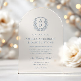 Invitaciones Acrílicas Azul Polvoriento Cresta Floral Monograma Boda Eleg