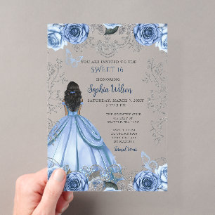 Invitaciones Acrílicas Azul Polvoriento Floral Princesa SWEET 16 Plata