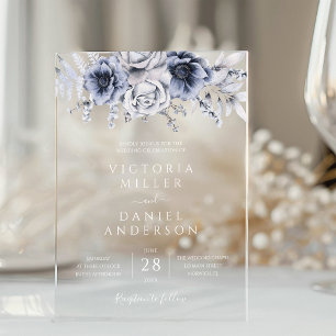 Invitaciones Acrílicas Azul Polvoriento Y Floral Elegante Boda Naval