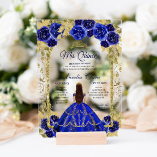 Invitaciones Acrílicas Azul Real Floral Princesa Arco Dorado Quinceañera