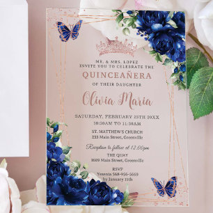 Invitaciones Acrílicas Azul Real Floral Rosa Oro Quinceañera Mariposa