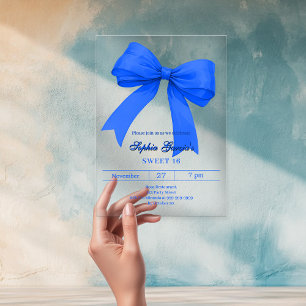 Invitaciones Acrílicas Azul real lazo blanco SWEET 16 claro