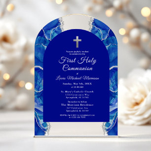 Invitaciones Acrílicas Azul Real Primera Comunión Elegante Plata