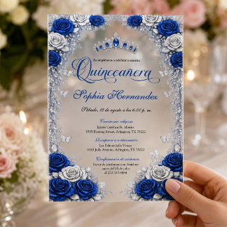 Invitaciones Acrílicas Azul Real y Floral de Plata Quinceañera Española