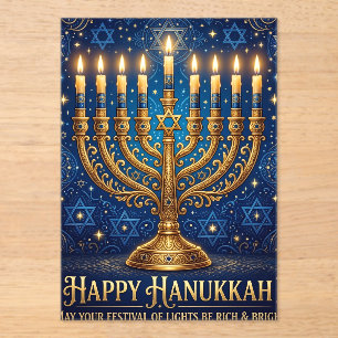 Invitaciones Acrílicas Azul Rico y Dorado Hanukkah con Joyas