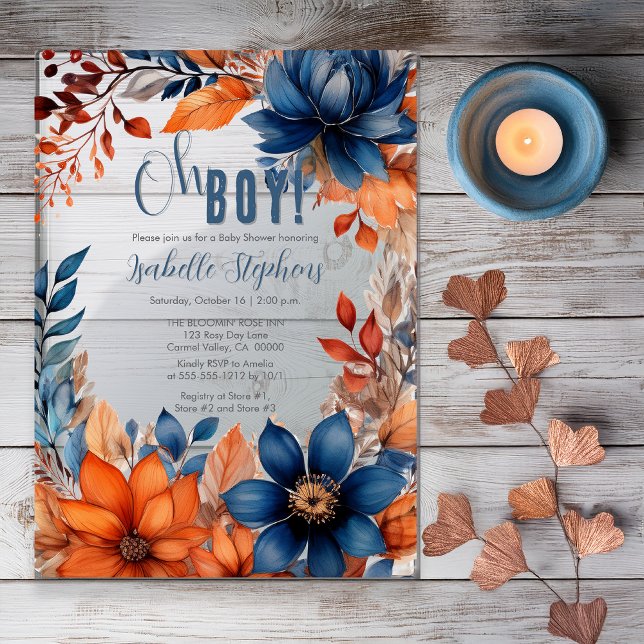 Invitaciones Acrílicas Azul | Terracota Oh Boy Fall Floral Baby Shower (Boho Blue and Terracotta Fall |  Autumn Floral "Oh Boy!" Baby Shower Acrylic Invitation )