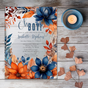 Invitaciones Acrílicas Azul   Terracota Oh Chico Otoño Floral Baby Shower