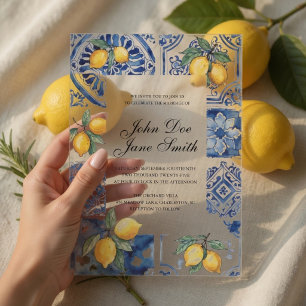 Invitaciones Acrílicas Azulejo Azul Mediterráneo Cítrico Italiano