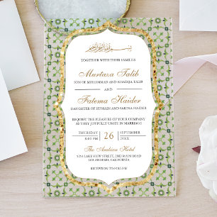 Invitaciones Acrílicas Azulejo Islámico Marroquí Verde y Dorado para Boda