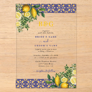 Invitaciones Acrílicas Azulejo Mediterráneo Amarillo Blanco Boda Limón