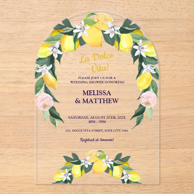 Invitaciones Acrílicas Azulejos italianos limoneros Ducha de matrimonio (Anverso)