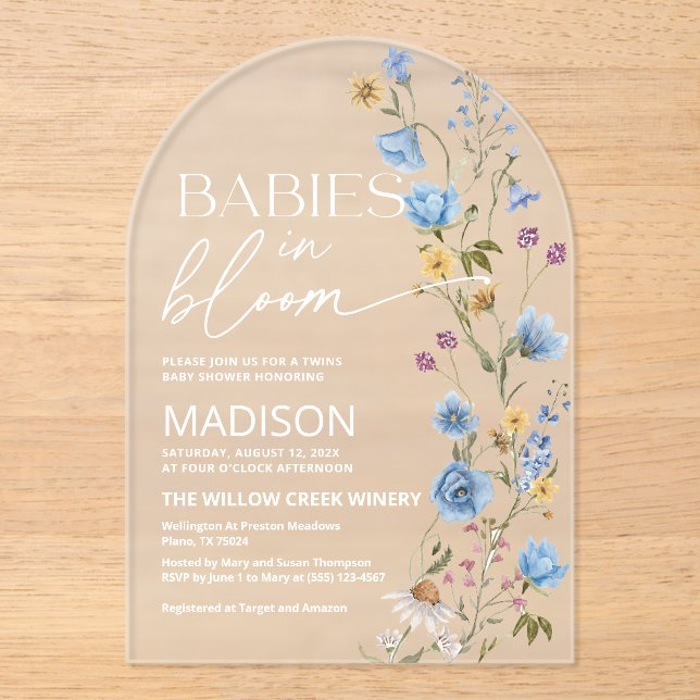 Invitaciones Acrílicas Babies in Bloom  | Twins Baby Shower  (Anverso)