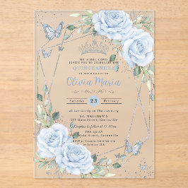 Invitaciones Acrílicas Baby Blue Floral Butterflies Silver Quinceanera