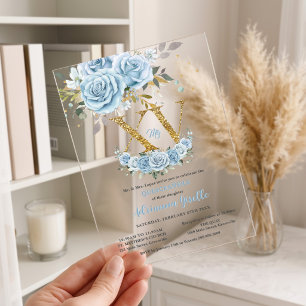 Invitaciones Acrílicas Baby Blue Floral Gold XV Quinceañera Quince 15