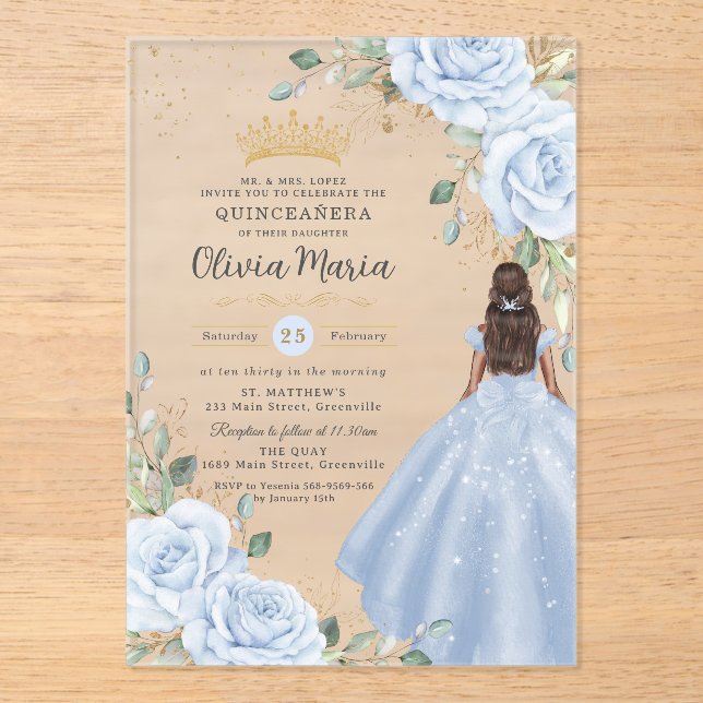 Invitaciones Acrílicas Baby Blue Floral Princess Gown Quinceañera Quince (Anverso)