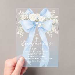 Invitaciones Acrílicas Baby Boy Baptism Elegant Blue Eucalyptus Bow