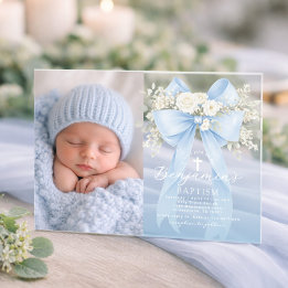 Invitaciones Acrílicas Baby Boy Baptism Photo Floral Eucalyptus Bow
