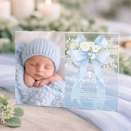 Invitaciones Acrílicas Baby Boy Baptism Photo Floral Eucalyptus Bow