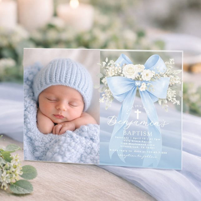 Invitaciones Acrílicas Baby Boy Baptism Photo Floral Eucalyptus Bow (Subido por el creador)