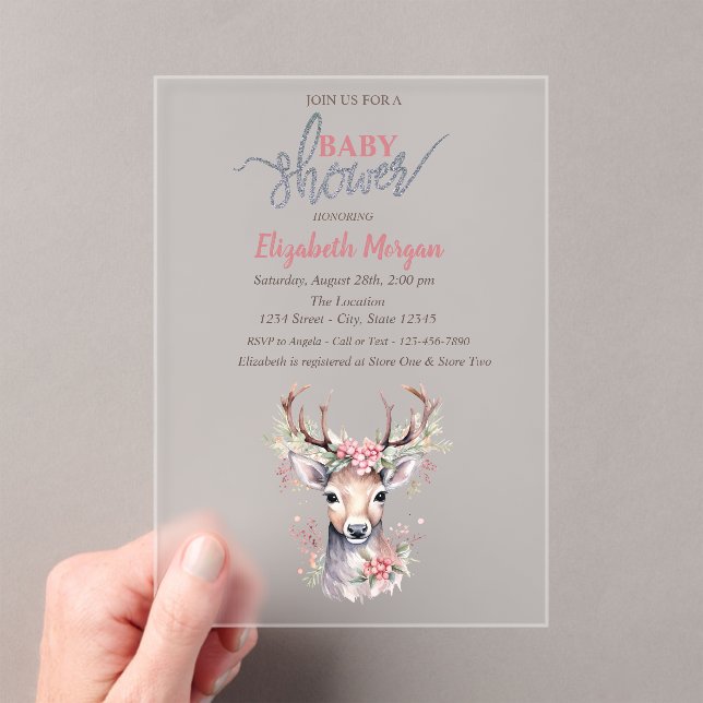 Invitaciones Acrílicas Baby Deer Holly Berry Forest Snow Baby Shower   (Insitu (portátil))