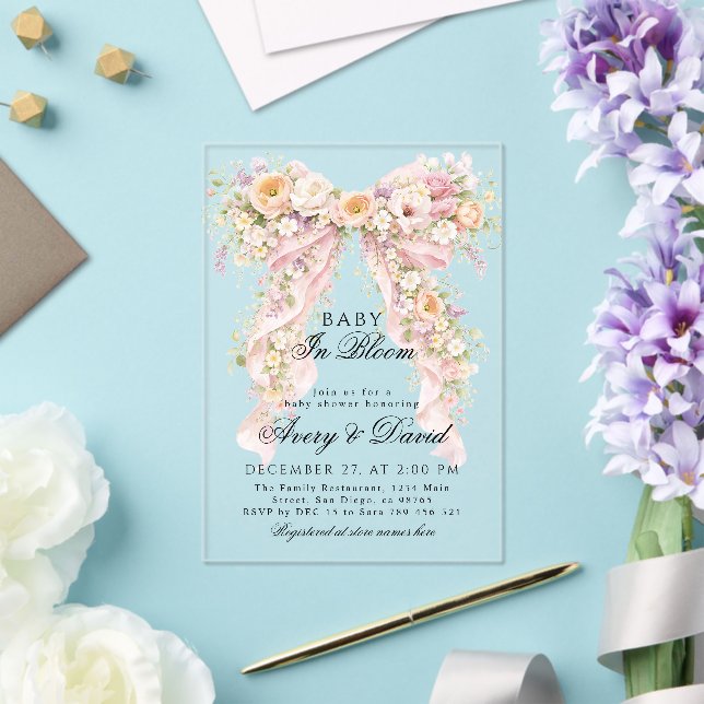 Invitaciones Acrílicas Baby in bloom Floral Bow Girl Baby Shower  (Insitu (Boda))