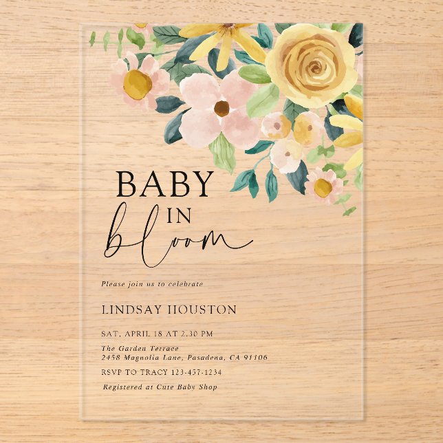 Invitaciones Acrílicas Baby in Bloom Yellow Floral (Anverso)