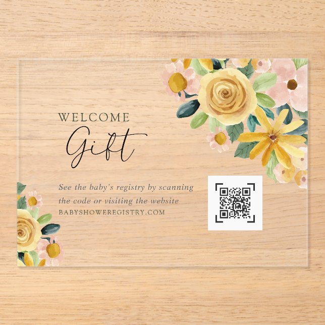 Invitaciones Acrílicas Baby in Bloom Yellow Floral Gift Registry (Anverso)
