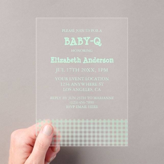 Invitaciones Acrílicas Baby-Q Mint Green Gingham Baby Shower (Insitu (portátil))