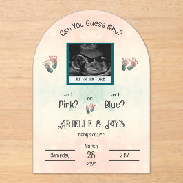 Invitaciones Acrílicas Baby Shower "Adivina quién" de género revela ultra