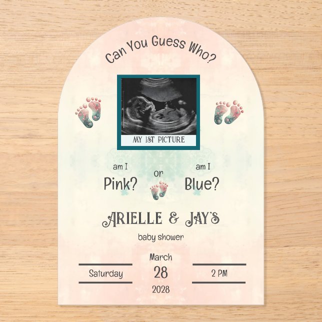 Invitaciones Acrílicas Baby Shower "Adivina quién" de género revela ultra (Anverso)