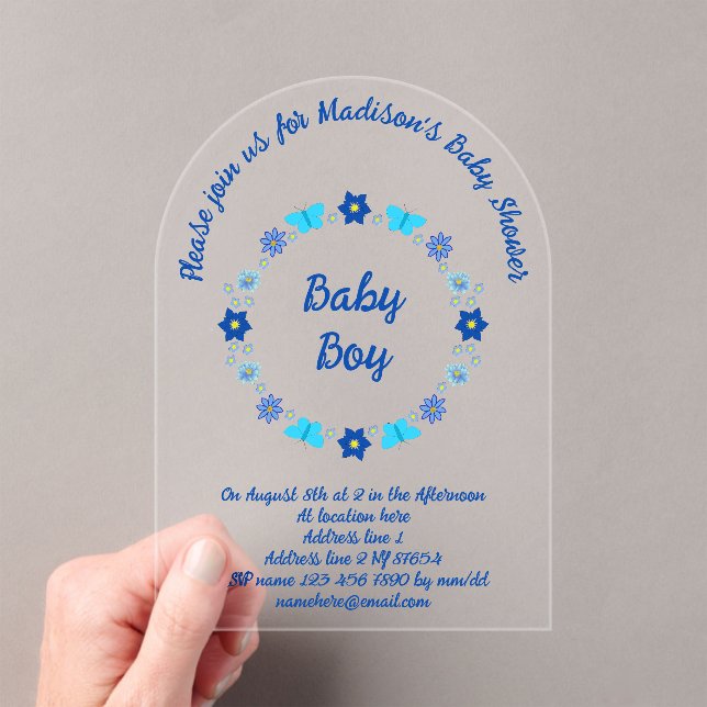 Invitaciones Acrílicas Baby Shower Blue Baby Boy Butterflies and Flowers (Insitu (portátil))
