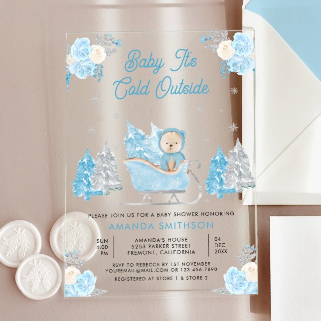 Invitaciones Acrílicas Baby Shower Blue Sleigh Cute Teddy Bear (Subido por el creador)