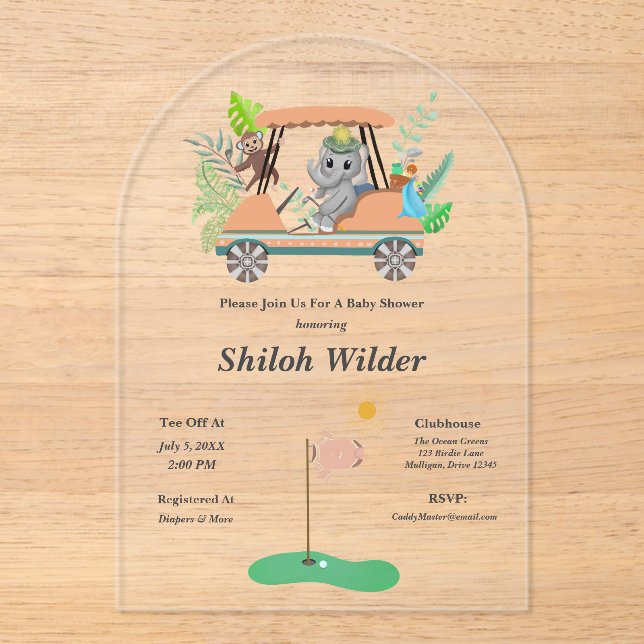 Invitaciones Acrílicas Baby Shower Boho Elefante y Mono Golf (Anverso)