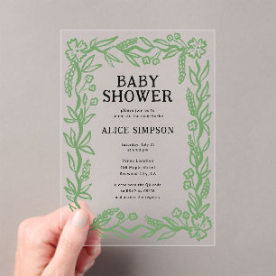 Invitaciones Acrílicas Baby Shower botánico dibujado a mano