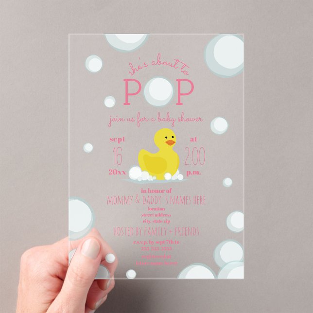 Invitaciones Acrílicas Baby Shower, Chica De Burbujas De Pato De Goma (Insitu (portátil))